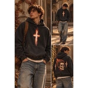 SAINt JHN Not A Cult Ghetto Lenny Love Songs Flaming Skull Cross Hoodie Mens L